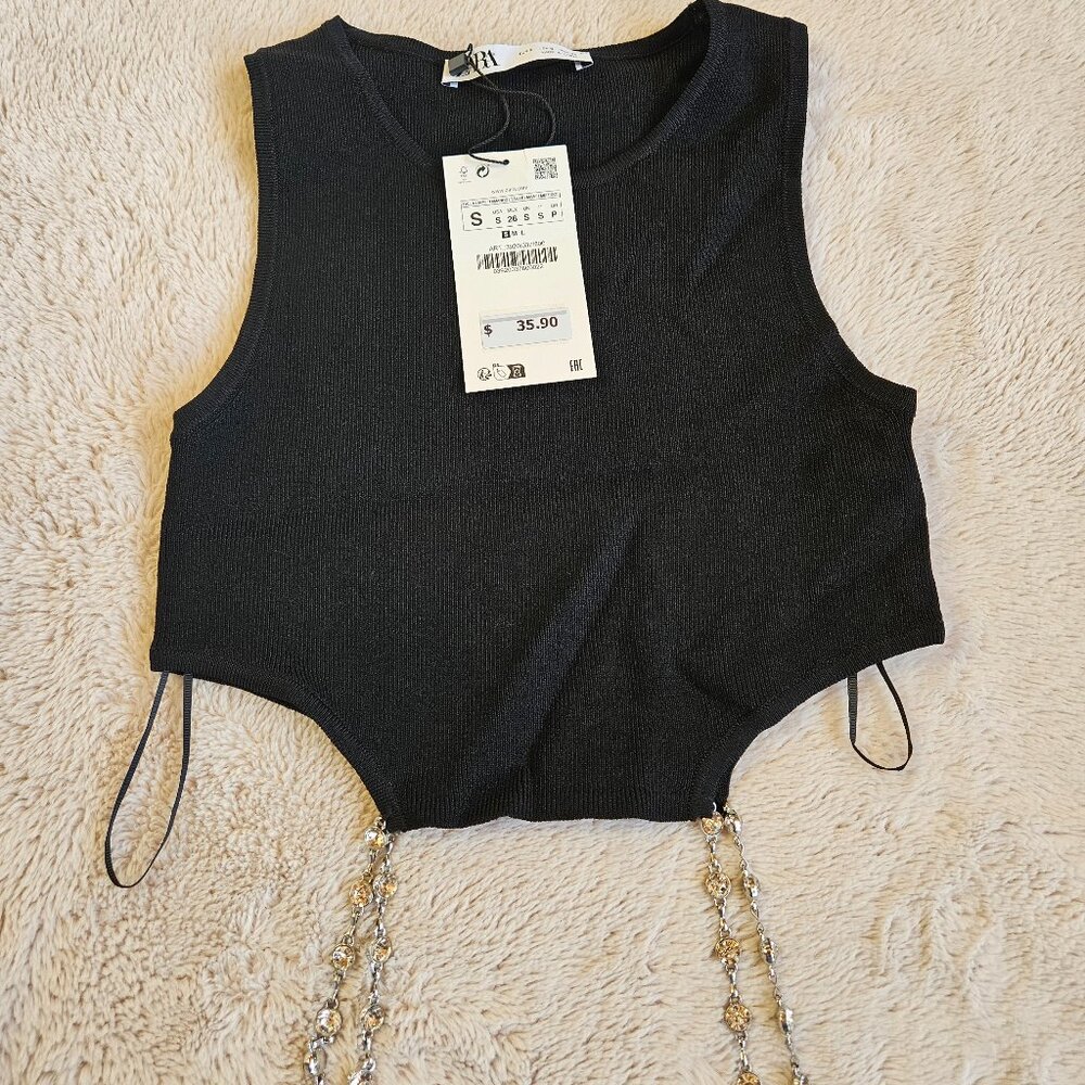 ZARA Jeweled Cropped Tank Top in Black